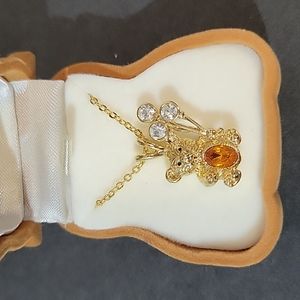 Teddy Bear Pedant Goldtone Necklace With Faux Topaz & Crystal Accents